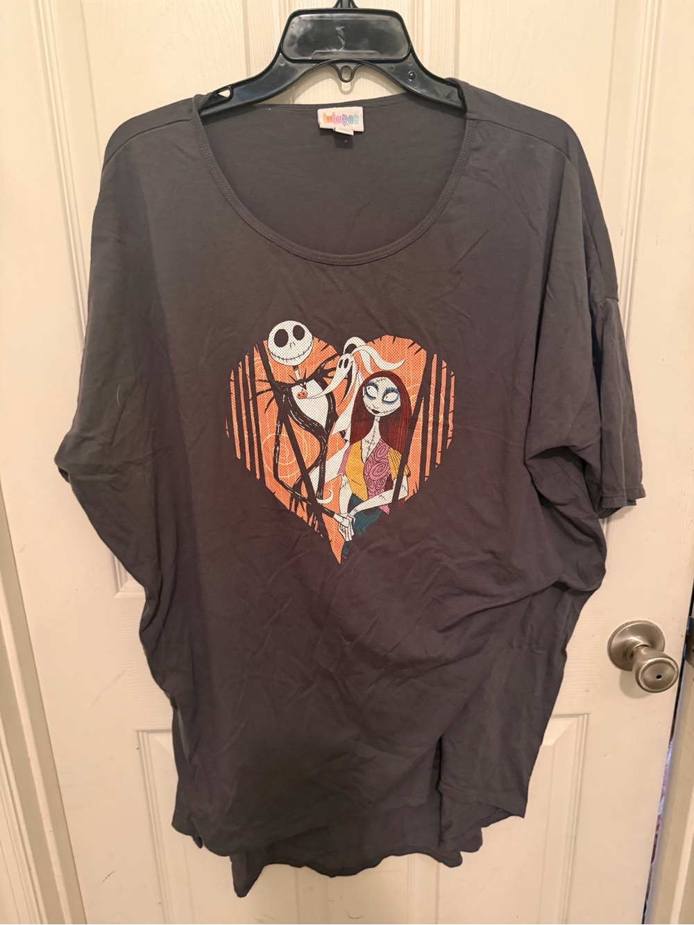 LuLaRoe Black Graphic Tee with Orange and White Print